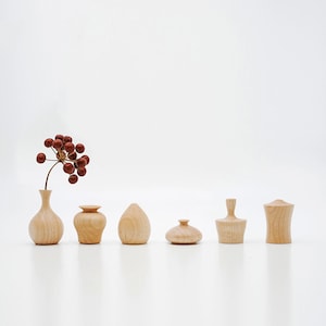 May include: A collection of small, light-colored wooden vases and decorative objects. One vase holds a sprig of dried red berries. The other objects have various shapes, including a teardrop, a mushroom, and a cylindrical form.