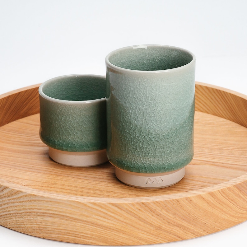 Authentieke Ōbori Soma-Yaki matcha beker cadeauset van 2 | Asemi Co. Handgemaakte theekopjes met gebarsten glazuur natuurlijke klei Zen cadeau voor thee, koffie, sake afbeelding 4