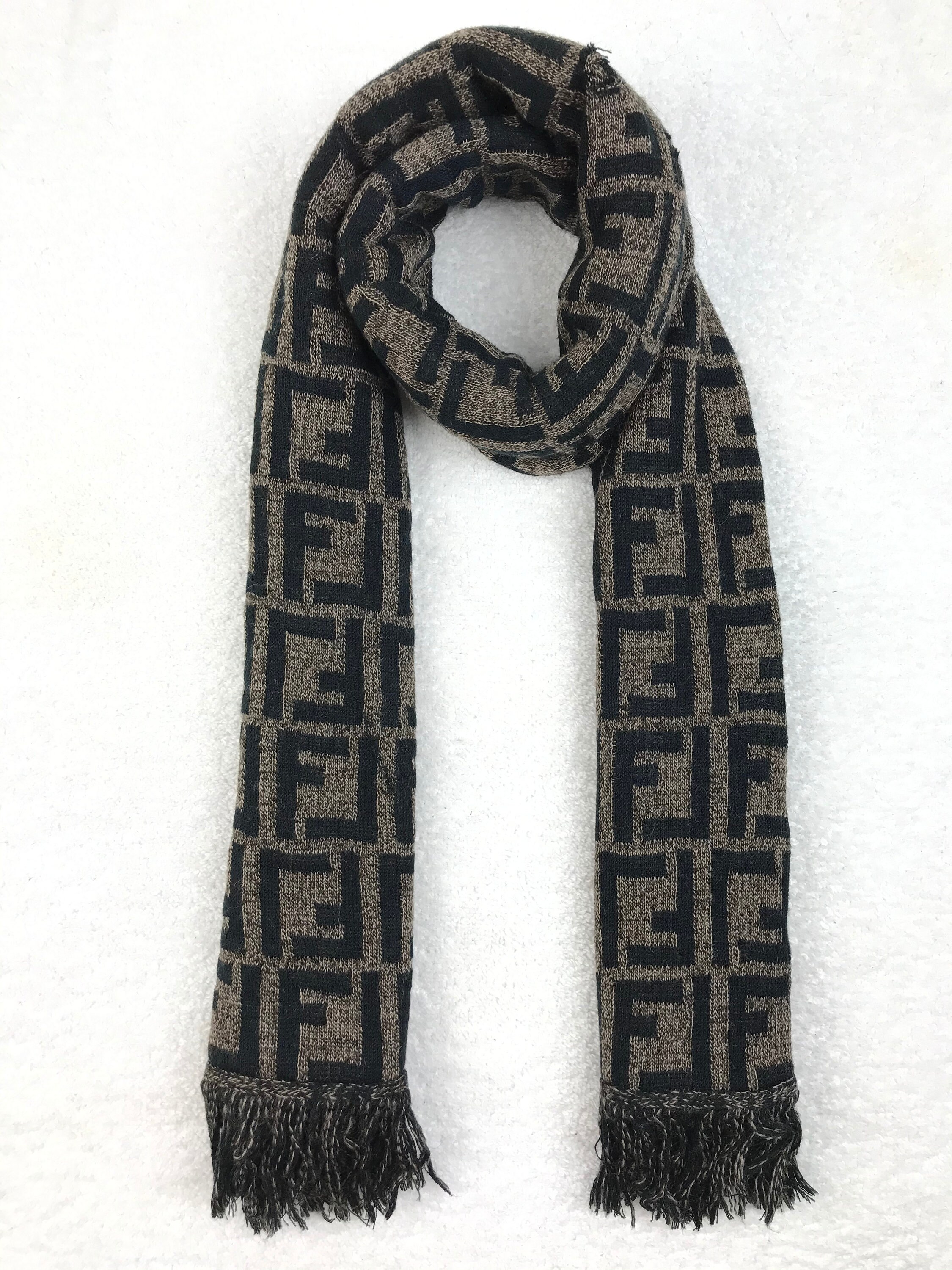 Authentic Fendi silk scarf (32”x33”) Elegant Black Logo Shawl Letter F  Pattern