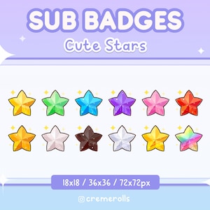 12 Twitch Sub Badges - Cute Stars - Emote - Kawaii - Streamer - Rainbow - Starry - Shiny - Sparkles