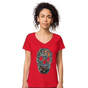 Skull garden Flower Camiseta de cuello en V ajustada para mujer
