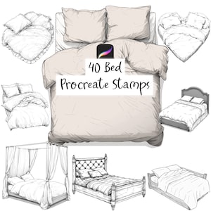 Puede incluir: Un conjunto de 40 sellos de Procreate que presentan varios estilos de camas, incluyendo una cama con dosel, una cama con cuatro postes y una cama en forma de corazón. Los sellos son dibujos de líneas en blanco y negro.