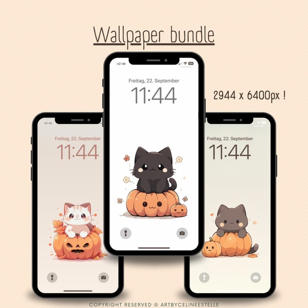 3 Smartphone wallpaper, cute kawaii wallpaper, iPhone background, cat pumpkin wallpaper, Halloween