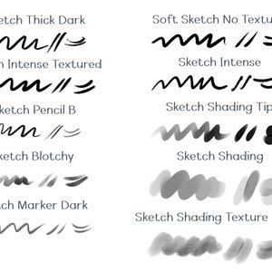 May include: A digital illustration of 10 different brush strokes, each with a different texture and style. The brush strokes are labeled with names like "Sketch Thick Dark", "Sketch Intense Textured", "Sketch Shading Tip", and "Sketch Shading Texture Brush".