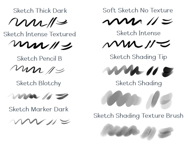 May include: A digital illustration of 10 different brush strokes, each with a different texture and style. The brush strokes are labeled with names like "Sketch Thick Dark", "Sketch Intense Textured", "Sketch Shading Tip", and "Sketch Shading Texture Brush".