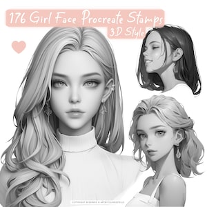 May include: A set of 176 digital stamps featuring girl faces in a 3D style. The stamps are designed for use in the Procreate app.
