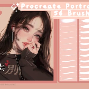 May include: A digital illustration of a woman with long dark hair wearing headphones and a black shirt with a red heart and Japanese characters. The image is titled "Procreate Portrait 56 Brushes" and shows a grid of 56 different brush strokes.