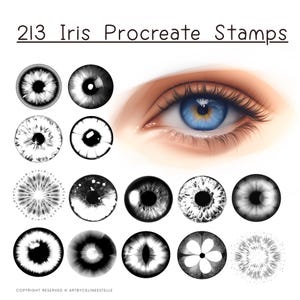 May include: Digital art featuring a realistic eye with blue and yellow iris, and 12 grayscale iris Procreate stamps. The text "213 Iris Procreate Stamps" is at the top. Copyright information is at the bottom.