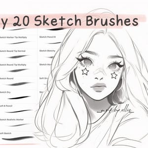 Puede incluir: Una ilustración digital de la cara de una mujer con estrellas en las mejillas. La imagen está acompañada de una lista de 20 nombres de pinceles de boceto diferentes, como "Sketch Marker Tip Multiply", "Sketch Round Tip Normal" y "Soft Sketch".