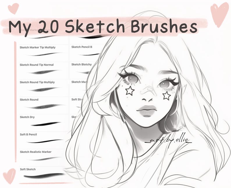 May include: A digital illustration of a woman's face with stars on her cheeks. The image is accompanied by a list of 20 different sketch brush names, such as "Sketch Marker Tip Multiply", "Sketch Round Tip Normal", and "Soft Sketch".