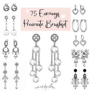 Può includere: 75 Earrings Procreate Brushset - Un'illustrazione digitale di 10 diversi modelli di orecchini, ognuno con un paio di orecchini. Gli orecchini sono disegnati in uno stile realistico e presentano vari stili, tra cui design di perle, floreali e geometrici.