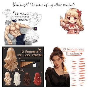 Op de afbeelding: Een digitale illustratie van een verzameling digitale kunstproducten voor kunstenaars. De producten omvatten 25 stempels met mannelijke poses, 12 Procreate haar kleurenpaletten en 30 rendering kwasten. De afbeelding bevat ook een cartoonillustratie van een meisje met blond haar en een rode strik.
