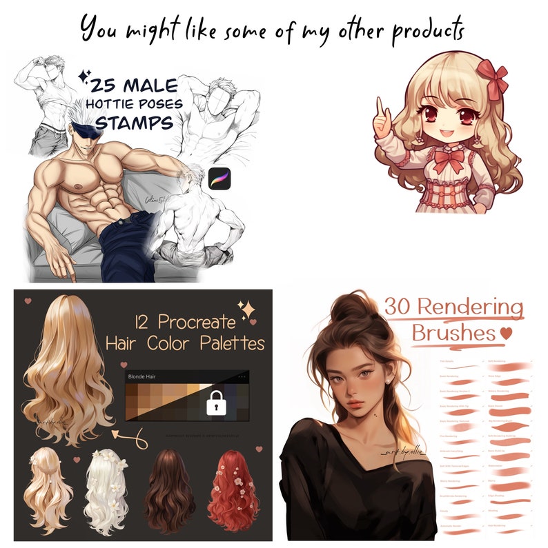 Op de afbeelding: Een digitale illustratie van een verzameling digitale kunstproducten voor kunstenaars. De producten omvatten 25 stempels met mannelijke poses, 12 Procreate haar kleurenpaletten en 30 rendering kwasten. De afbeelding bevat ook een cartoonillustratie van een meisje met blond haar en een rode strik.
