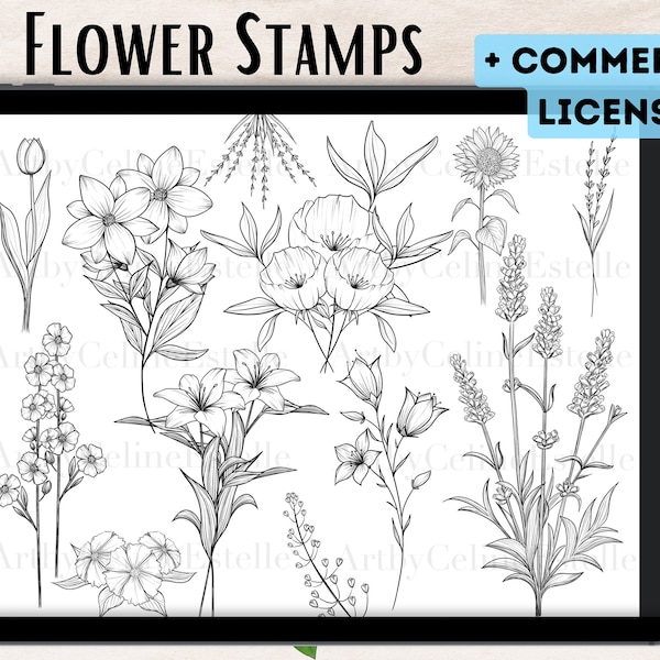 50 Blumen Brushstamps / Florale Stempel Designs für Procreate inklusiver Lizenz