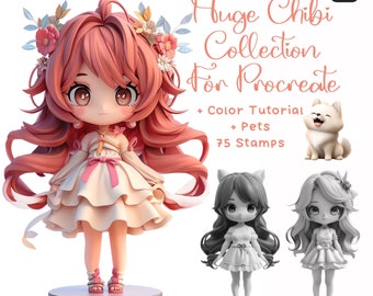 May include: A digital illustration of a cute chibi character with pink hair and a white dress. The image includes the text "Huge Chibi Collection for Procreate + Color Tutorial + Pets 75 Stamps".