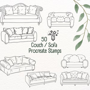 50 Couch Interior Procreate Stamps, Procreate Sofa Stampset, Procreate furniture stamps, Procreate Interior Brushes, Procreate Brushset