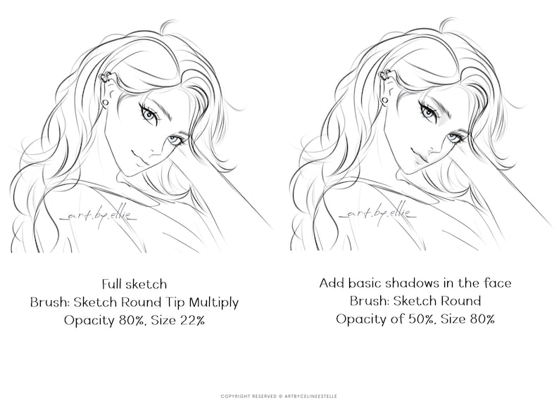 May include: A black and white line drawing of a woman with long hair, looking over her shoulder. The drawing is in two stages, showing the full sketch and then the addition of basic shadows to the face.