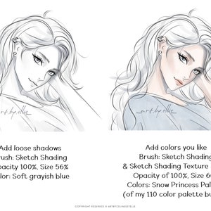 May include: A digital art tutorial showing two images of a woman with long white hair. The image on the left is a black and white line drawing. The image on the right is a colored version of the drawing. The text below the images provides instructions for adding shadows and colors to the drawing.