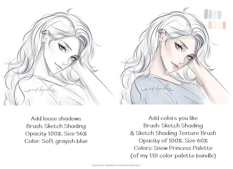May include: A digital art tutorial showing two images of a woman with long white hair. The image on the left is a black and white line drawing. The image on the right is a colored version of the drawing. The text below the images provides instructions for adding shadows and colors to the drawing.