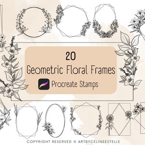 Op de afbeelding: Een set van 20 geometrische bloemframes in zwart en wit voor Procreate. De frames zijn gemaakt van eenvoudige lijnen en bevatten verschillende bloemontwerpen.