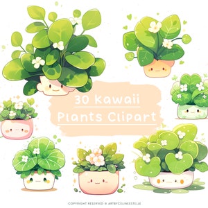 Cute kawaii plants clipart, kawaii clipart designs, commercial use, printable kawaii plants, leaves clipart, goodnotes sticker