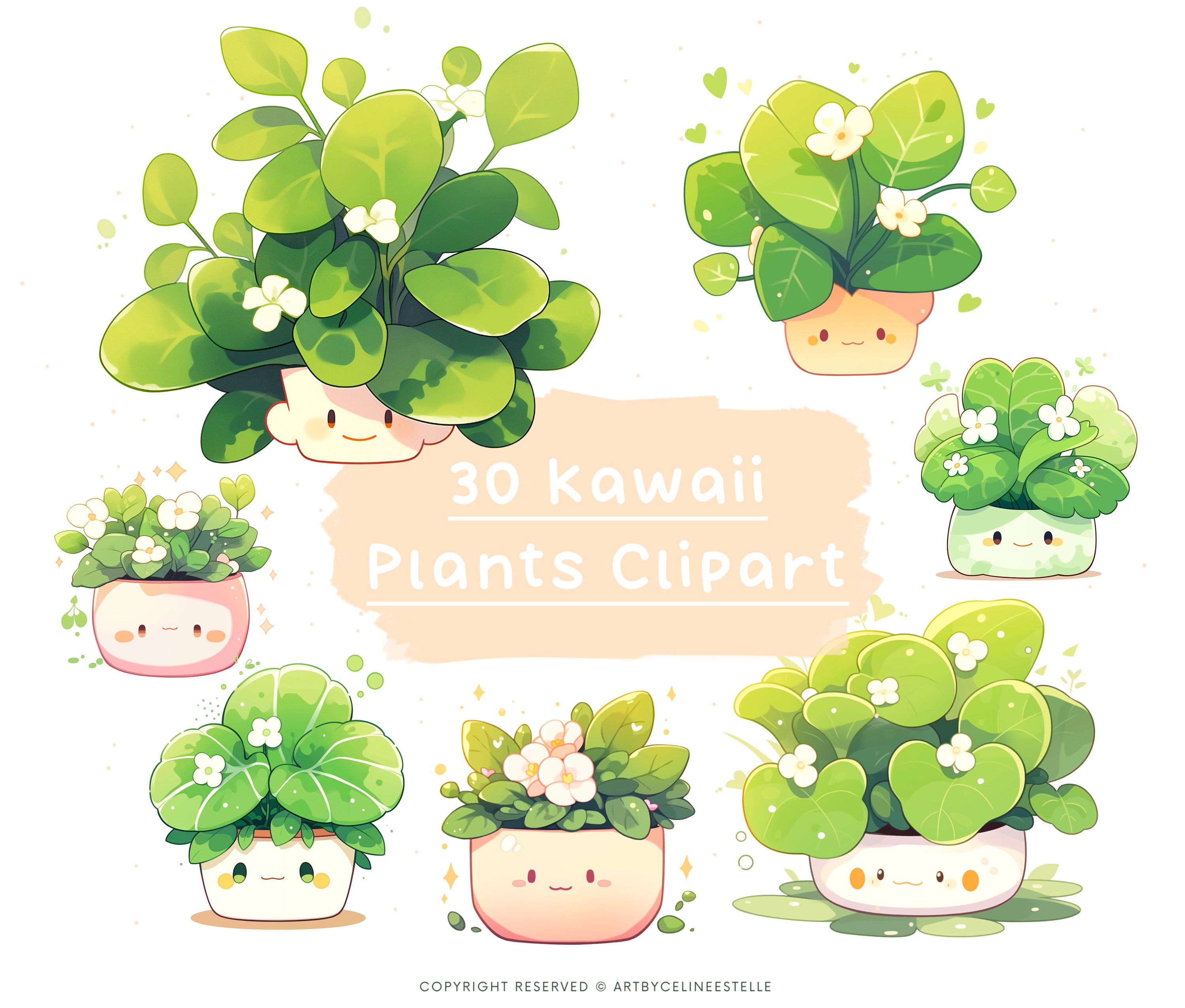 Cute kawaii plants clipart, kawaii clipart designs, commercial use, printable kawaii plants, leaves clipart, goodnotes sticker