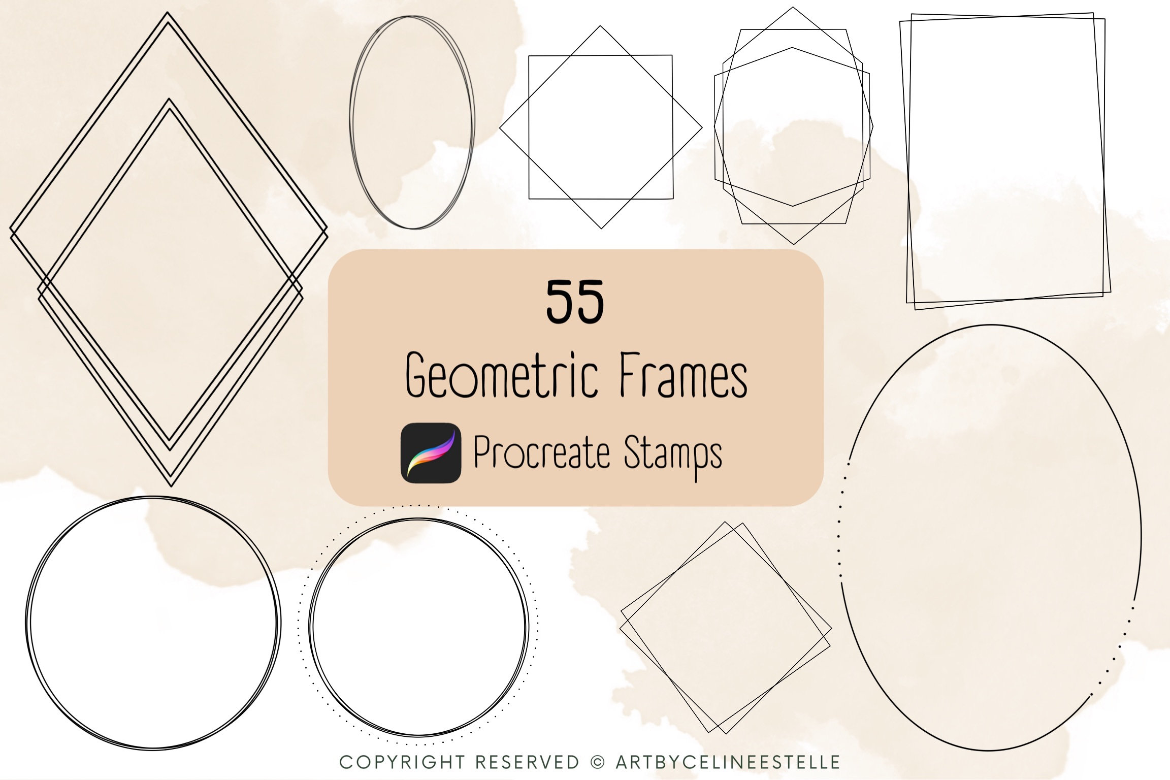 55 Procreate Geometric Frame Stamps – Shape Brushset for iPad Drawing & Design (Commercial Use)