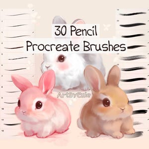 Puede incluir: 30 pinceles Procreate para arte digital, que incluyen un conjunto de pinceles de lápiz. La imagen también muestra dos conejos de dibujos animados lindos, uno rosa y otro marrón.