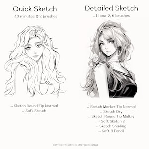 May include: Two black and white sketches of a woman with long hair. The sketch on the left is a quick sketch that took 10 minutes and 2 brushes. The sketch on the right is a detailed sketch that took 1 hour and 6 brushes.