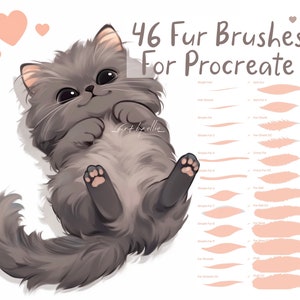 May include: 46 Fur Brushes for Procreate. A cute gray cat with pink paws is lying on its back. The cat is surrounded by hearts. The image is a digital illustration.