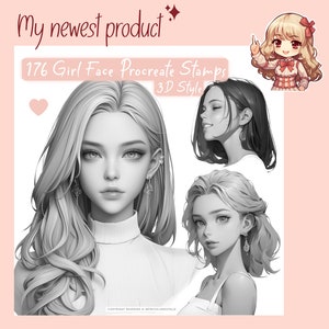 May include: A set of 176 girl face Procreate stamps in a 3D style. The stamps are black and white and feature different facial expressions and hairstyles.