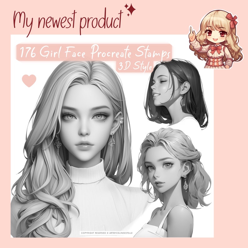 May include: A set of 176 girl face Procreate stamps in a 3D style. The stamps are black and white and feature different facial expressions and hairstyles.