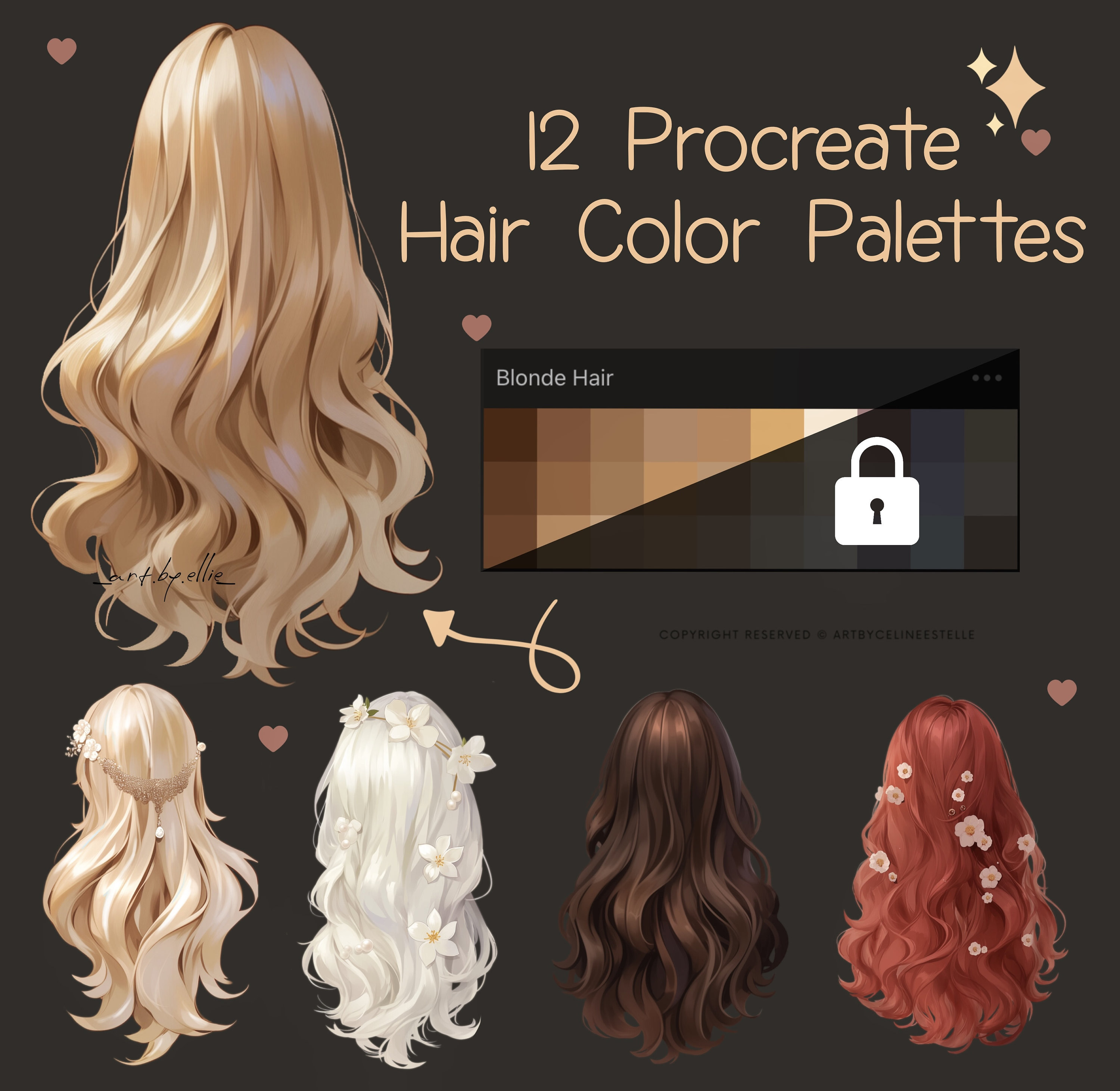 12 Haarfarbpaletten für Procreate – 360 Farbtöne für Anime, Porträts und stilisierte Kunst