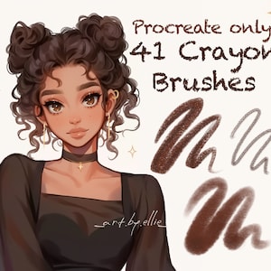 May include: A digital illustration of a woman with brown curly hair and brown skin. She is wearing a black top and a gold necklace. The image includes the text "Procreate only 41 Crayon Brushes" and shows examples of brush strokes in brown and gray.