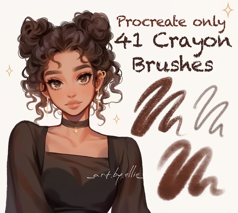Op de afbeelding: Een digitale illustratie van een vrouw met bruin krullend haar en een bruine huid. Ze draagt een zwart topje en een gouden ketting. De afbeelding bevat de tekst "Procreate only 41 Crayon Brushes" en toont voorbeelden van penseelstreken in bruin en grijs.