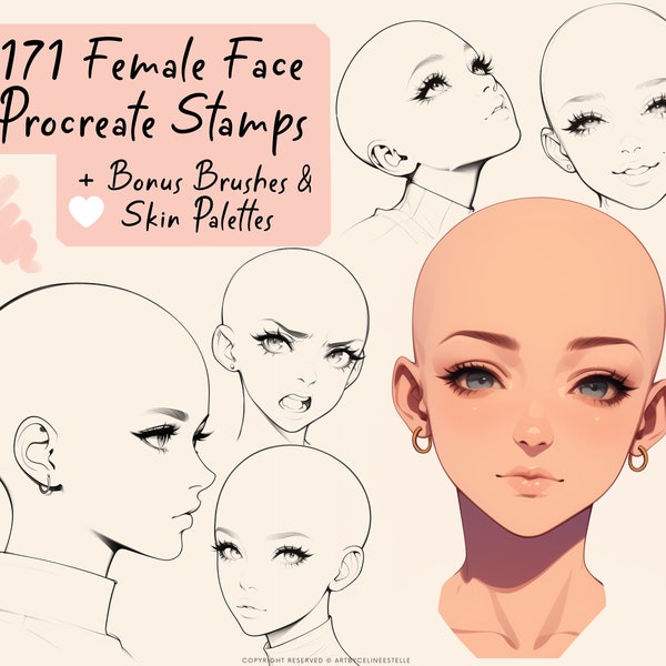 171 Female Base Head Procreate Stamps, Anime Female Face Stamps, Procreate Portrait Brushset, Face Base Anatomy stamps