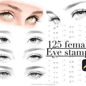 May include: A digital illustration of 125 female eye stamps. The image shows a variety of eye shapes, sizes, and styles. The text "125 female Eye stamps" is displayed in the centre of the image.