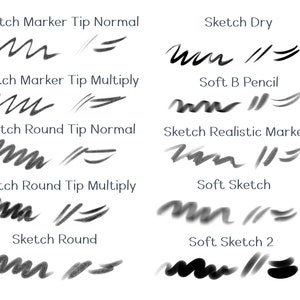 May include: A comparison of different brush strokes for digital art, showing the effects of different brush types and settings. The brush types include Sketch Marker Tip Normal, Sketch Marker Tip Multiply, Sketch Round Tip Normal, Sketch Round Tip Multiply, Sketch Round, Sketch Dry, Soft B Pencil, Sketch Realistic Marker, Soft Sketch, and Soft Sketch 2.