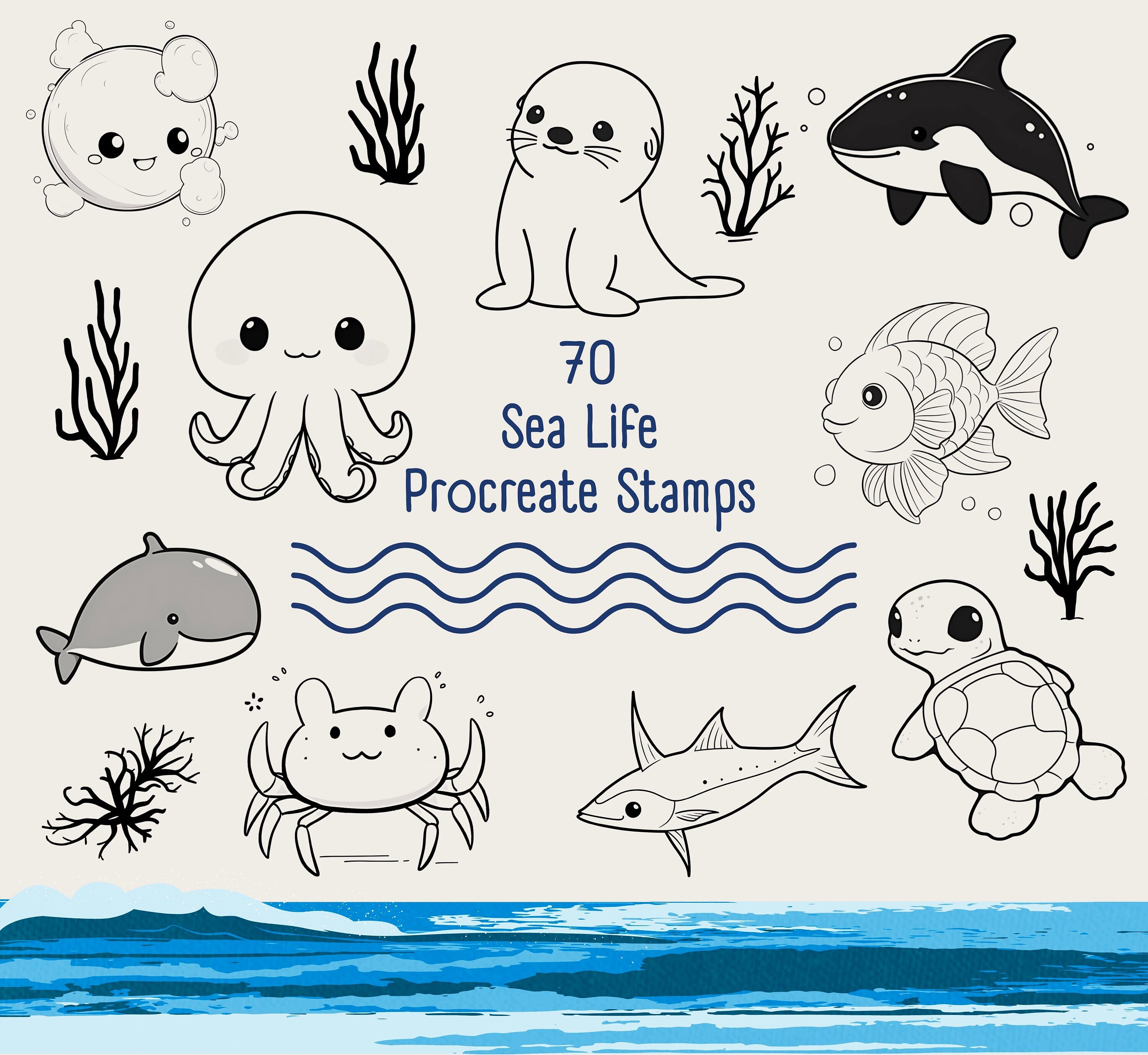 70 Sea Life Animals Stamps for Procreate, Cute Ocean Animals, Kawaii ...
