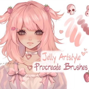 May include: A digital illustration of a pink-haired anime character with a heart-shaped necklace and pink bows. The text "Jelly Artstyle Procreate Brushes" is written in pink and white letters. The image is a promotional image for a set of digital art brushes.
