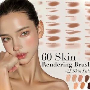 May include: Digital art illustration of a person with green eyes and pink blush. The image includes the text "60 Skin Rendering Brushes +25 Skin Palettes" and a selection of skin tone swatches.