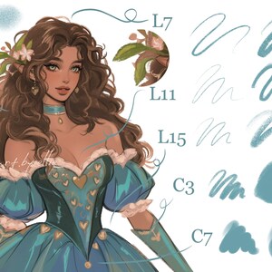 Op de afbeelding: Een digitale illustratie van een vrouw met lang bruin haar die een blauwe en groene jurk draagt met een hartpatroon. De afbeelding bevat een kleurenpalet met verschillende tinten blauw en groen.