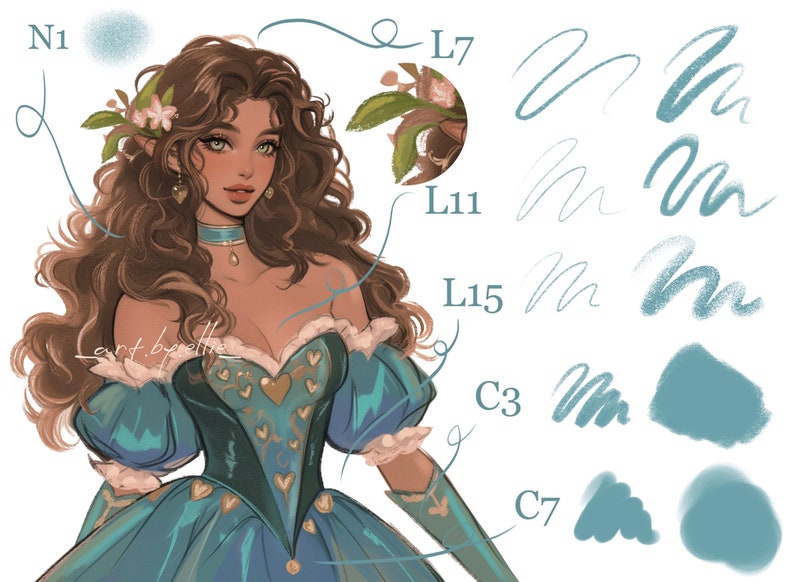 Op de afbeelding: Een digitale illustratie van een vrouw met lang bruin haar die een blauwe en groene jurk draagt met een hartpatroon. De afbeelding bevat een kleurenpalet met verschillende tinten blauw en groen.