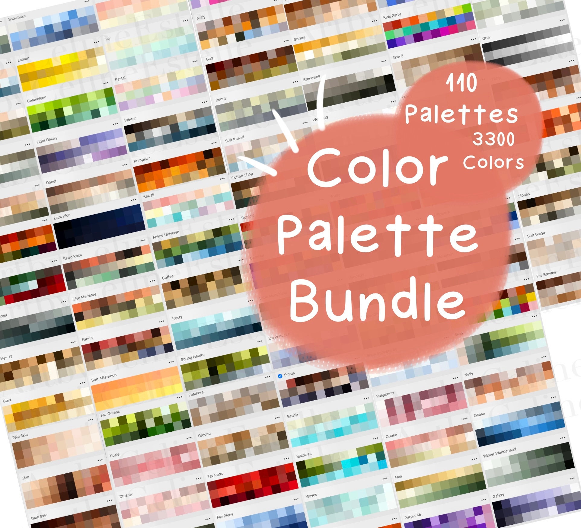 Paquete de 110 paletas de color para Procreate – 3300 muestras curadas para dibujar en iPad