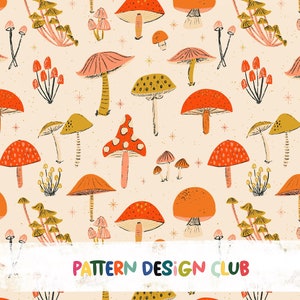 Mushroom pattern, Surface Pattern Design, Repeat Seamless Pattern 300 DPI, Digital Paper, Fabric Design, Mushrooms seamless print clipart