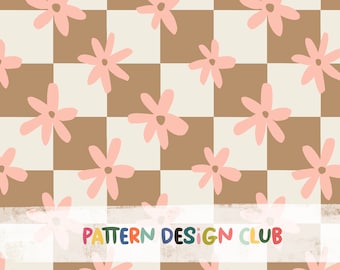 Gingham Daisy Checkered CottageCore archivo de diseño de patrón sin costuras para uso comercial, margaritas sin costuras, geométricas sin costuras, papel digital