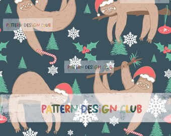 Christmas Seamless Pattern for Commercial Use, Sloths Seamless Pattern Design, Seamless Repeat Pattern, Animal Seamless Holiday Digital File