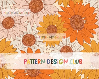 Retro Florals Seamless Pattern, Uso comercial, Girasoles Seamless Pattern, Seamless Pattern file, Wallpapers, Digital Pattern