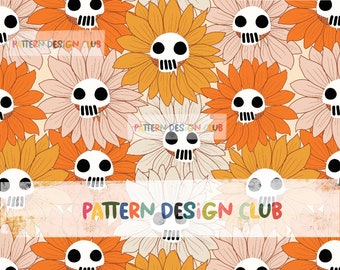Retro Fall Halloween Seamless Pattern, Commercial Use, Skulls Seamless Pattern, Halloween Fabric Design, Wallpapers, Digital Pattern