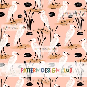 May include: A seamless pattern featuring white egrets standing in a pink marsh with black cattails and lily pads. The pattern repeats with the text "PATTERN DESIGN CLUB" in a colourful font.